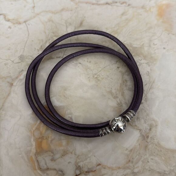 Pandora Smooth Triple Wrap Purple Leather & Sterling Silver Bracelet - 24” Rare - Picture 3 of 8